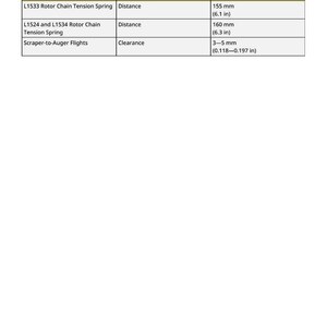May include: A specifications table detailing measurements in mm and inches. It lists items such as rotor chain tension springs and scraper-to-auger flights, providing distance and clearance information.