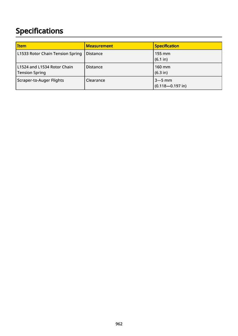 May include: A specifications table detailing measurements in mm and inches. It lists items such as rotor chain tension springs and scraper-to-auger flights, providing distance and clearance information.
