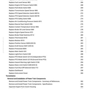 K&ouml;nnte beinhalten: Eine Manuellseite mit einer Liste von Schaltern, Sensoren und Getriebekomponenten. Der Text enth&auml;lt "Replace Air Filter Restriction Switch B02" und "Replace Fuel Level Sensor B03". Die Seitenzahl ist 6.
