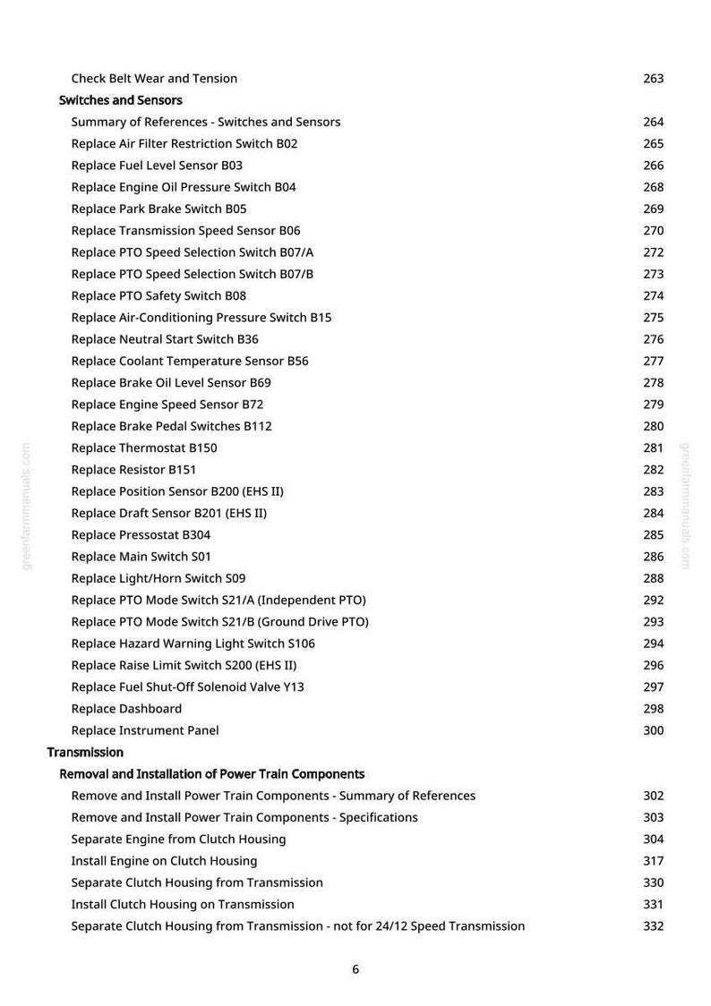 K&ouml;nnte beinhalten: Eine Manuellseite mit einer Liste von Schaltern, Sensoren und Getriebekomponenten. Der Text enth&auml;lt "Replace Air Filter Restriction Switch B02" und "Replace Fuel Level Sensor B03". Die Seitenzahl ist 6.