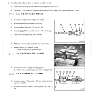 Puede incluir: P&aacute;gina de un manual que detalla el desmontaje y montaje de una bomba HST. El texto incluye instrucciones para la instalaci&oacute;n de un pist&oacute;n servo trasero, con diagramas y especificaciones de par en Newton-metros.