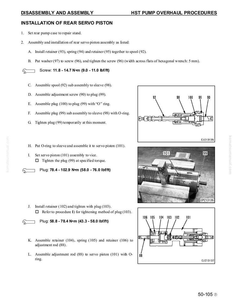 Puede incluir: P&aacute;gina de un manual que detalla el desmontaje y montaje de una bomba HST. El texto incluye instrucciones para la instalaci&oacute;n de un pist&oacute;n servo trasero, con diagramas y especificaciones de par en Newton-metros.