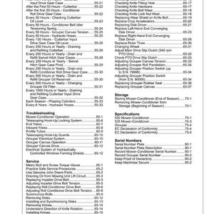 May include: A detailed table of contents from a manual, listing maintenance and troubleshooting procedures for a mower-conditioner. The page numbers are listed on the right side of the page. The table includes sections on service, storage, and specifications.