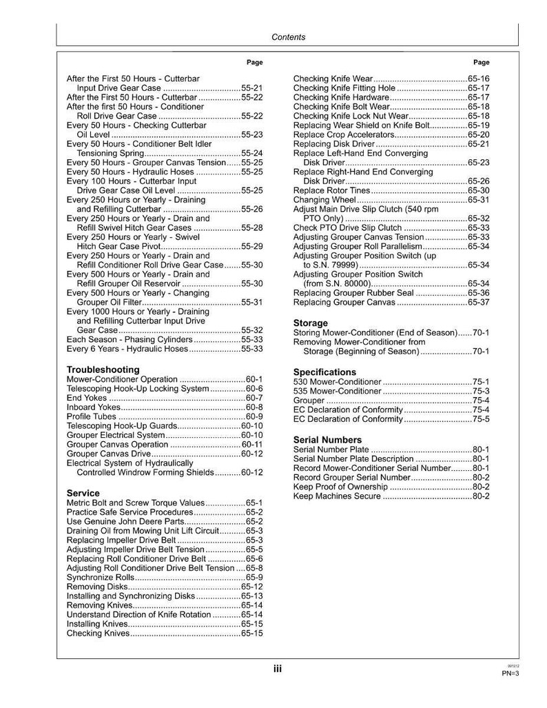 May include: A detailed table of contents from a manual, listing maintenance and troubleshooting procedures for a mower-conditioner. The page numbers are listed on the right side of the page. The table includes sections on service, storage, and specifications.