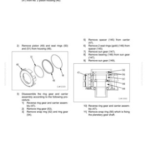 May include: Diagram of transmission assembly disassembly steps. Includes numbered instructions and illustrations of parts like ring gears, pistons, and bearings. Text includes part numbers and assembly procedures.