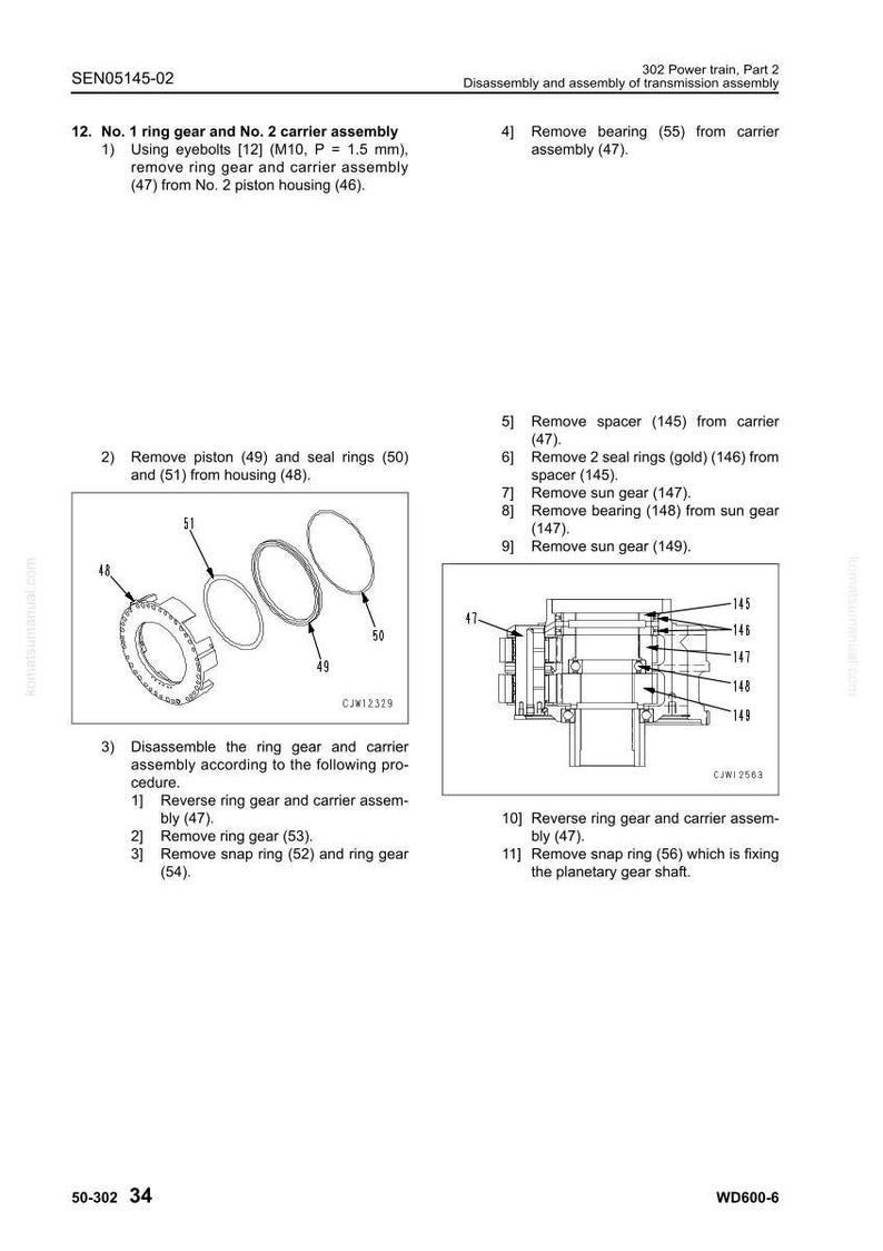 May include: Diagram of transmission assembly disassembly steps. Includes numbered instructions and illustrations of parts like ring gears, pistons, and bearings. Text includes part numbers and assembly procedures.