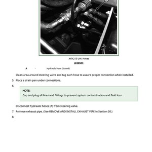 May include: Black and white image of hydraulic hoses and fittings, part of a vehicle's steering system. The image includes text instructions for maintenance, including the note to cap and plug all lines and fittings.