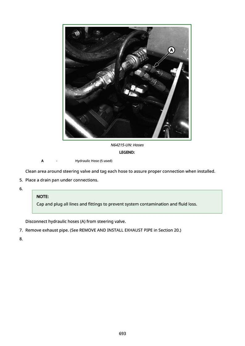 May include: Black and white image of hydraulic hoses and fittings, part of a vehicle's steering system. The image includes text instructions for maintenance, including the note to cap and plug all lines and fittings.