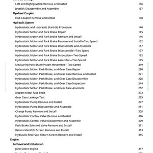 May include: A white page with a detailed table of contents for a manual. The text includes sections on transmission, controls, hydraulic systems, and engine removal and installation. Page numbers are listed on the right.