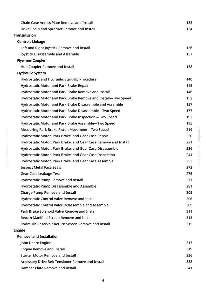 May include: A white page with a detailed table of contents for a manual. The text includes sections on transmission, controls, hydraulic systems, and engine removal and installation. Page numbers are listed on the right.