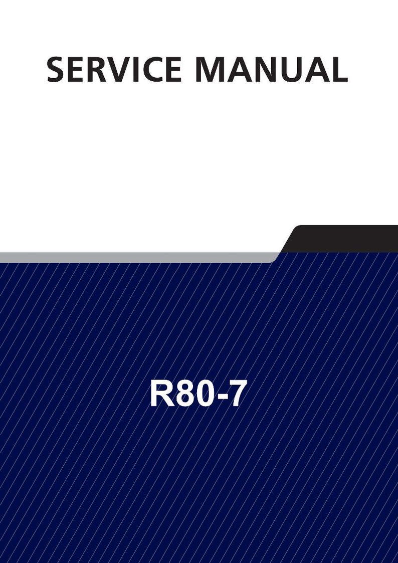 May include: A service manual cover with the text "SERVICE MANUAL" in black, above a dark blue background with white diagonal lines. The text "R80-7" is in white.
