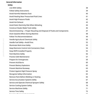 May include: A page from a manual titled "Table of Contents" with a list of safety topics. The topics include "Live With Safety", "Avoid Harmful Asbestos Dust", and "Prevent Battery Explosions".