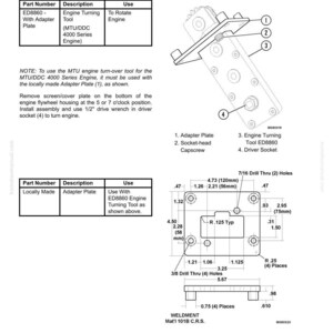 Puede incluir: Diagrama t&eacute;cnico de una herramienta de giro de motor, con una placa adaptadora, un tornillo de cabeza hueca y un z&oacute;calo de accionamiento. Las medidas est&aacute;n en pulgadas y mil&iacute;metros. La herramienta se utiliza para girar un motor.