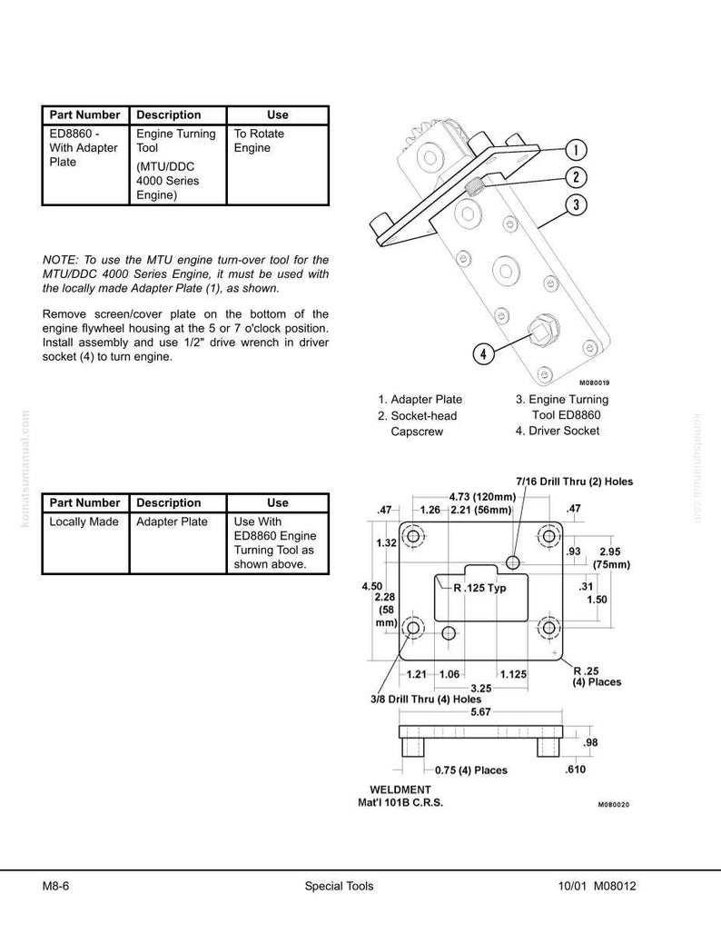 Puede incluir: Diagrama t&eacute;cnico de una herramienta de giro de motor, con una placa adaptadora, un tornillo de cabeza hueca y un z&oacute;calo de accionamiento. Las medidas est&aacute;n en pulgadas y mil&iacute;metros. La herramienta se utiliza para girar un motor.