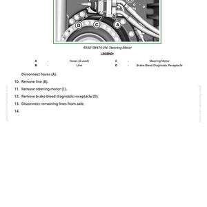 Puede incluir: Diagrama t&eacute;cnico de un conjunto de motor de direcci&oacute;n asistida con mangueras, l&iacute;neas y un recept&aacute;culo de diagn&oacute;stico de purga de frenos. La imagen incluye las etiquetas A, B, C y D, e instrucciones para desconectar y quitar piezas. Texto: "RXA0138474-UN: Steering Motor".