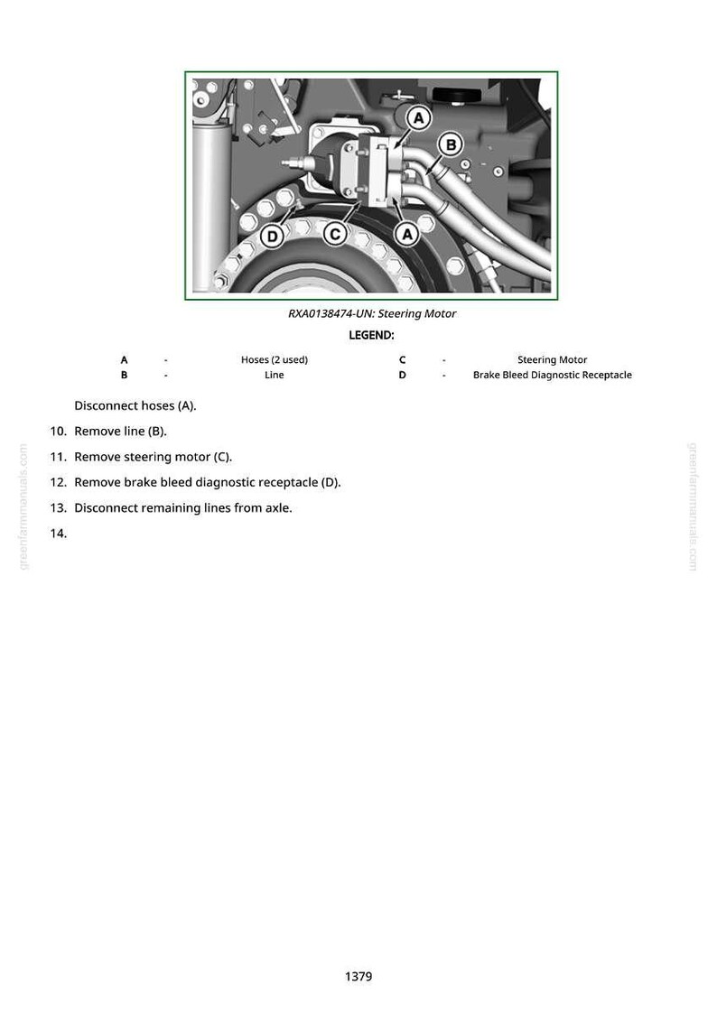 Puede incluir: Diagrama t&eacute;cnico de un conjunto de motor de direcci&oacute;n asistida con mangueras, l&iacute;neas y un recept&aacute;culo de diagn&oacute;stico de purga de frenos. La imagen incluye las etiquetas A, B, C y D, e instrucciones para desconectar y quitar piezas. Texto: "RXA0138474-UN: Steering Motor".