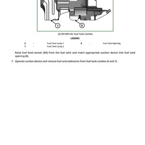 May include: Diagram of a fuel tank with labeled cavities and opening. The image includes the text "XJ1281389-UN: Fuel Tank Cavities" and instructions for removing fuel and sediments.