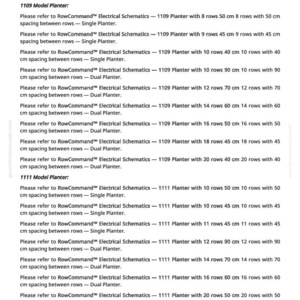 May include: A document titled "RowCommand Electrical Schematics Type Identification" with detailed specifications for 1109 and 1111 model planters. Includes row spacing in centimeters and the number of rows for each planter configuration.