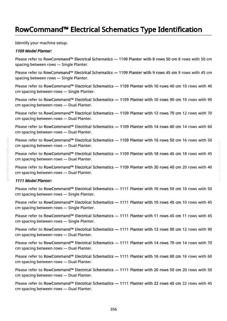 May include: A document titled "RowCommand Electrical Schematics Type Identification" with detailed specifications for 1109 and 1111 model planters. Includes row spacing in centimeters and the number of rows for each planter configuration.