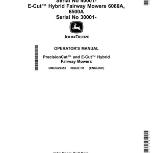 Pode incluir: Manual do operador branco para cortadores de relva John Deere PrecisionCut e E-Cut Hybrid. O manual inclui os n&uacute;meros de modelo 6080A, 6500A e 6700A. O log&oacute;tipo John Deere &eacute; vis&iacute;vel.