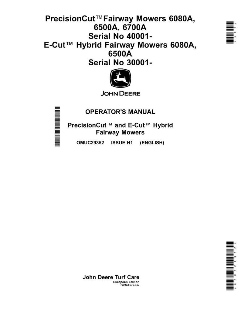 Pode incluir: Manual do operador branco para cortadores de relva John Deere PrecisionCut e E-Cut Hybrid. O manual inclui os n&uacute;meros de modelo 6080A, 6500A e 6700A. O log&oacute;tipo John Deere &eacute; vis&iacute;vel.
