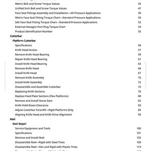 May include: A detailed table of contents from a manual, featuring titles like "Platform Cutterbar," "Reel Repair," and "Specifications." The text is in black against a white background, with page numbers on the right.