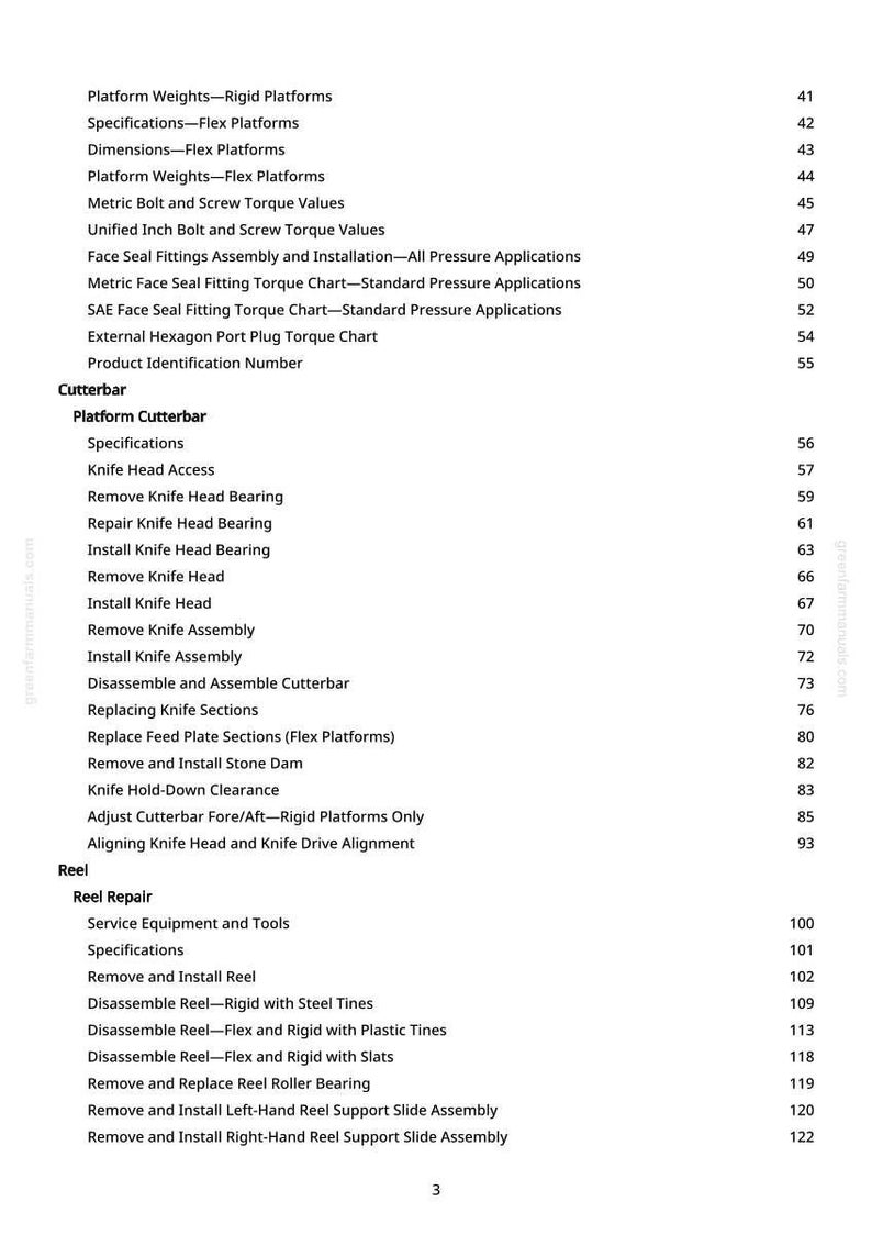 May include: A detailed table of contents from a manual, featuring titles like "Platform Cutterbar," "Reel Repair," and "Specifications." The text is in black against a white background, with page numbers on the right.