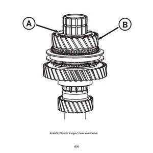 May include: An engineering diagram of a mechanical assembly, featuring a series of interlocking gears, washers, and a cylindrical component. The design is rendered in black and white, with labels A and B pointing to specific gear components. The text "RXA0093789-UN: Range C Gear and Washer" is at the bottom.