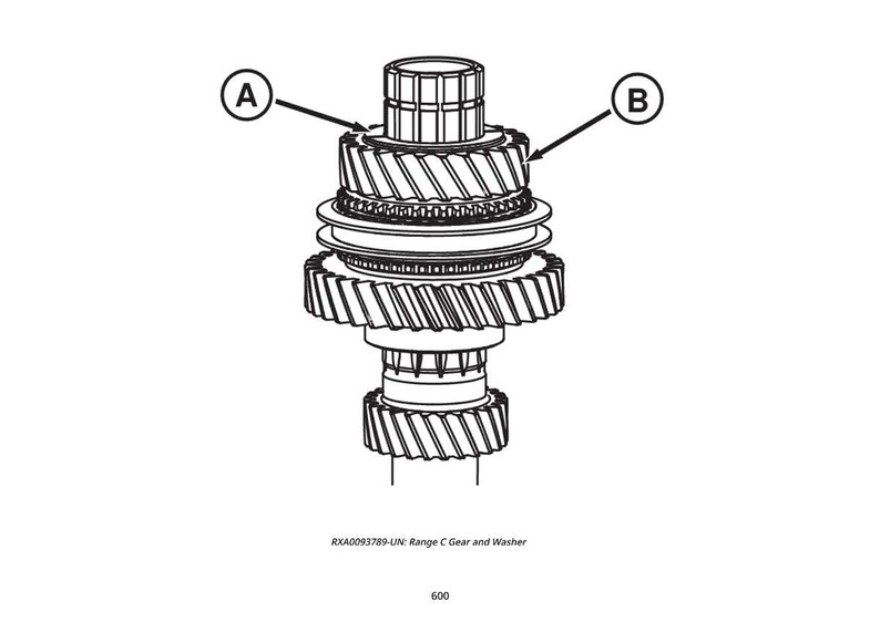 May include: An engineering diagram of a mechanical assembly, featuring a series of interlocking gears, washers, and a cylindrical component. The design is rendered in black and white, with labels A and B pointing to specific gear components. The text "RXA0093789-UN: Range C Gear and Washer" is at the bottom.