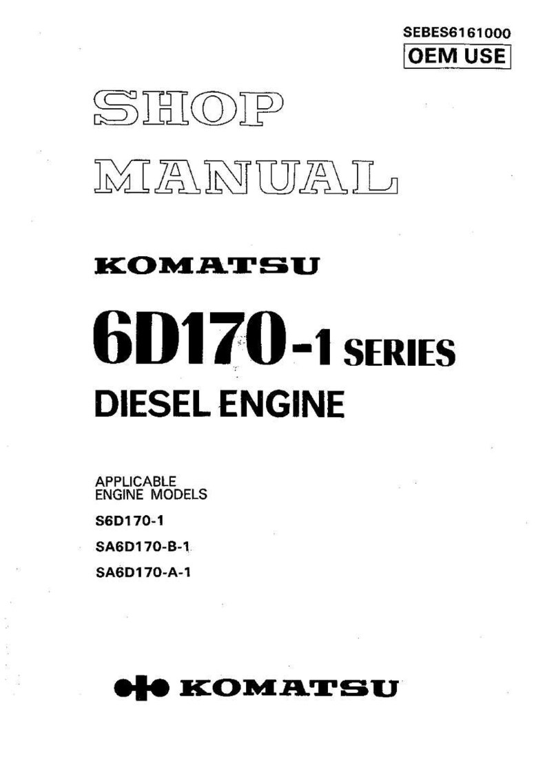 May include: A white shop manual cover with black text. The cover reads "SHOP MANUAL" and "KOMATSU 6D170-1 SERIES DIESEL ENGINE." Below, it lists applicable engine models. The top right corner has "SEBES6161000 OEM USE."