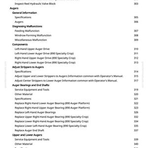 Peut inclure: Une page de manuel avec une table des mati&egrave;res d&eacute;taill&eacute;e. Les sections incluent "Augers", "Diagnostiquer les dysfonctionnements" et "Roulements et arbres d'extr&eacute;mit&eacute; de la tari&egrave;re".