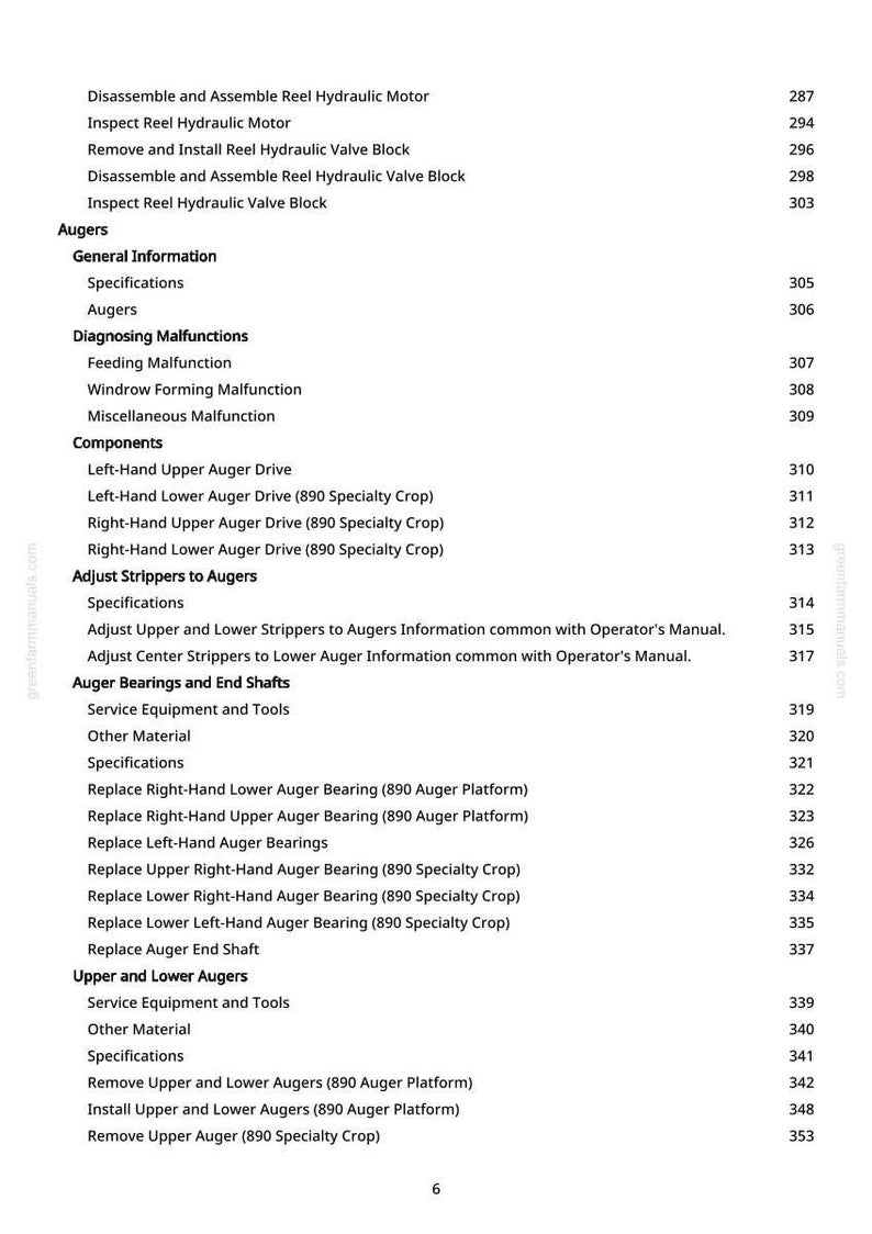 Peut inclure: Une page de manuel avec une table des mati&egrave;res d&eacute;taill&eacute;e. Les sections incluent "Augers", "Diagnostiquer les dysfonctionnements" et "Roulements et arbres d'extr&eacute;mit&eacute; de la tari&egrave;re".