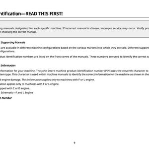 May include: A page from a manual with the title "Manual Identification - READ THIS FIRST!". The text provides instructions on choosing the correct supporting manuals and information for a machine, including product identification numbers.