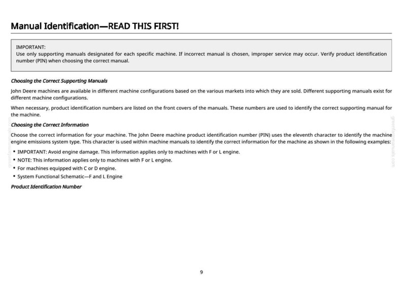 May include: A page from a manual with the title "Manual Identification - READ THIS FIRST!". The text provides instructions on choosing the correct supporting manuals and information for a machine, including product identification numbers.