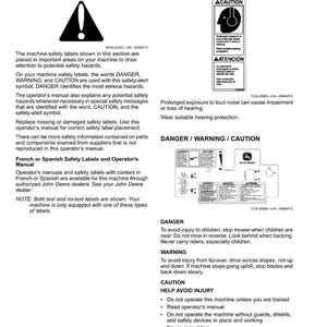May include: An operator's manual page with safety labels and warnings. The labels cover topics like noise exposure, injury prevention, and operating instructions. Text includes "DANGER", "WARNING", and "CAUTION" with safety symbols.