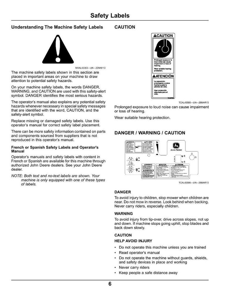 May include: An operator's manual page with safety labels and warnings. The labels cover topics like noise exposure, injury prevention, and operating instructions. Text includes "DANGER", "WARNING", and "CAUTION" with safety symbols.