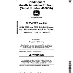 Pu&ograve; includere: Manuale dell'operatore bianco per condizionatori di falciatrici a trazione laterale S250, S300 e S350, edizione nordamericana. Include un avviso sulla Proposizione 65 della California. Logo John Deere.