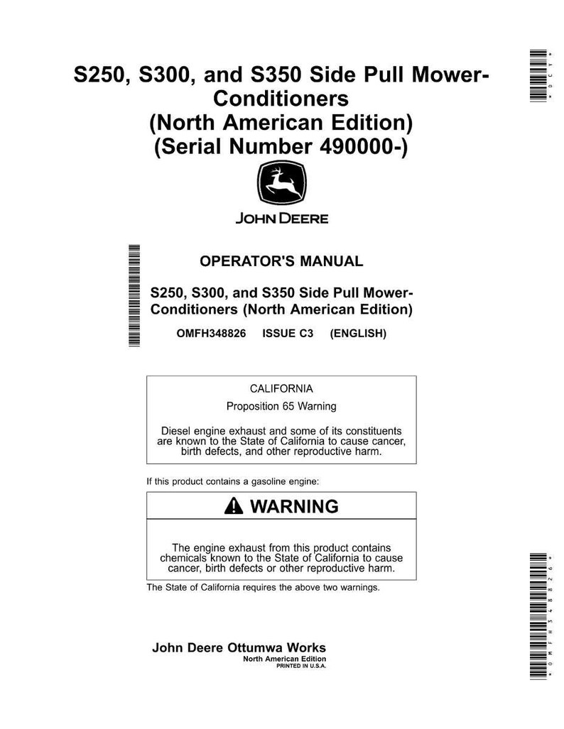 Pu&ograve; includere: Manuale dell'operatore bianco per condizionatori di falciatrici a trazione laterale S250, S300 e S350, edizione nordamericana. Include un avviso sulla Proposizione 65 della California. Logo John Deere.