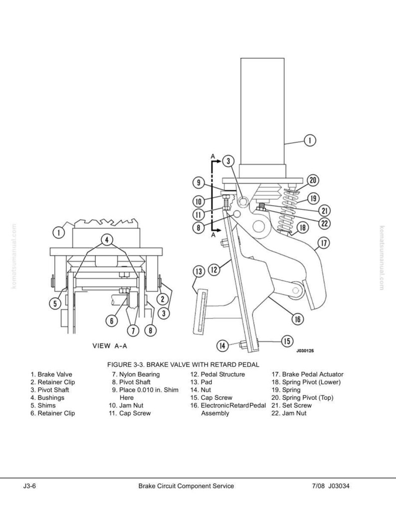 Pu&ograve; includere: Schema di una valvola freno con pedale di ritardo, con numeri e nomi dei componenti. Include una vista A-A e il testo "Brake Circuit Component Service".