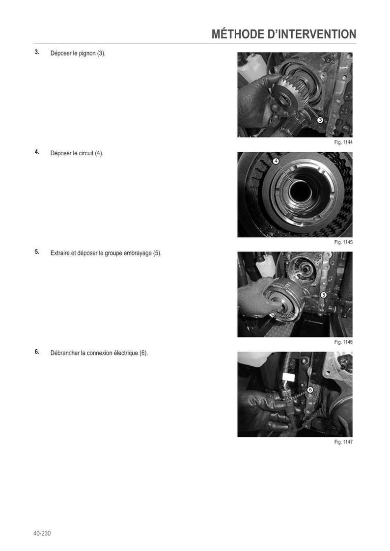 May include: A technical diagram titled "M&Eacute;THODE D'INTERVENTION" illustrates mechanical procedures. The images display close-ups of car components, such as gears, circuits, and electrical connections. The text provides numbered instructions and figure references.