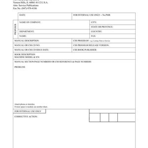 May include: A white document titled "PROPOSAL FOR MANUAL OR CSS REVISION" with fields for company information, manual details, and problem description. Includes the Komatsu America Corp. logo and contact information.