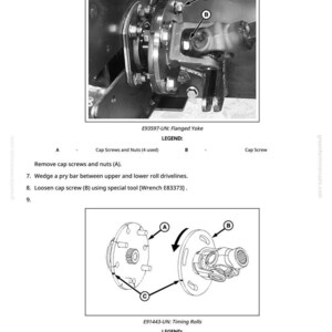 May include: Black and white diagram of mechanical components, including a flanged yoke and timing rolls. The image includes labels for cap screws, nuts, and other parts, with instructions for assembly and disassembly.