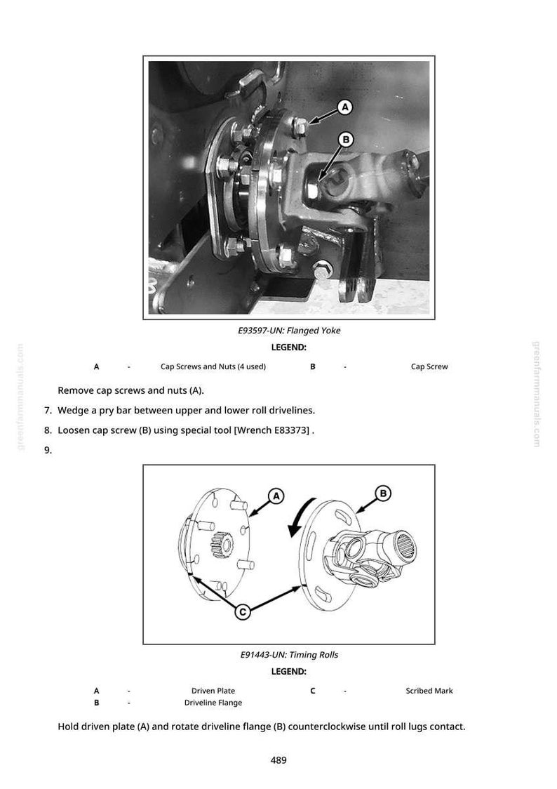 May include: Black and white diagram of mechanical components, including a flanged yoke and timing rolls. The image includes labels for cap screws, nuts, and other parts, with instructions for assembly and disassembly.