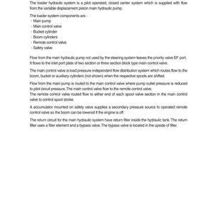 May include: A page from a manual titled "SECTION 6 WORK EQUIPMENT" with the heading "1. HYDRAULIC SYSTEM OUTLINE." The text describes the components and function of a loader hydraulic system.