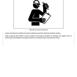 Puede incluir: Ilustraci&oacute;n en blanco y negro de una persona con casco y gafas de seguridad, sosteniendo un bol&iacute;grafo y una carpeta. El texto "Inspect Attachment" est&aacute; en la parte superior, con instrucciones adicionales debajo. La imagen es una advertencia de seguridad.