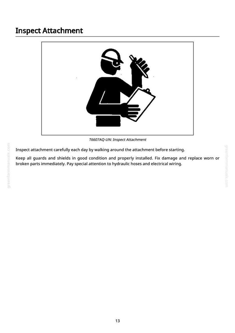 Puede incluir: Ilustraci&oacute;n en blanco y negro de una persona con casco y gafas de seguridad, sosteniendo un bol&iacute;grafo y una carpeta. El texto "Inspect Attachment" est&aacute; en la parte superior, con instrucciones adicionales debajo. La imagen es una advertencia de seguridad.