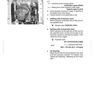 May include: Diagram of a hydraulic pump assembly, with text indicating removal and installation instructions. The assembly weighs 220 kg. Includes details on refilling oil and air bleeding procedures.