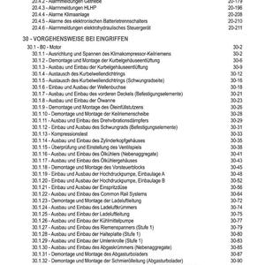 May include: A detailed table of contents from a technical manual, listing procedures and components for automotive repair. The text is in German, with page numbers on the right. Topics include engine components and electrical systems.