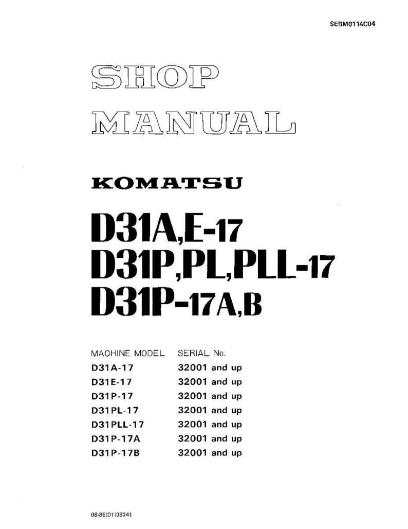Może przedstawiać: Biała instrukcja warsztatowa Komatsu z napisem "SHOP MANUAL" na g&oacute;rze. Instrukcja zawiera modele maszyn D31A, E-17, D31P, PL, PLL-17, D31P-17A i B wraz z informacjami o numerach seryjnych.
