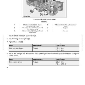 Op de afbeelding: Technische tekening van een installatie-controleblokassemblage, gelabeld LX1047508-UN. Het detailleert componenten zoals E-PUH, HSB en HCS controleblokken. Draaimomentspecificaties worden verstrekt voor zeskantmoeren en schroeven, gemeten in N&sdot;m.